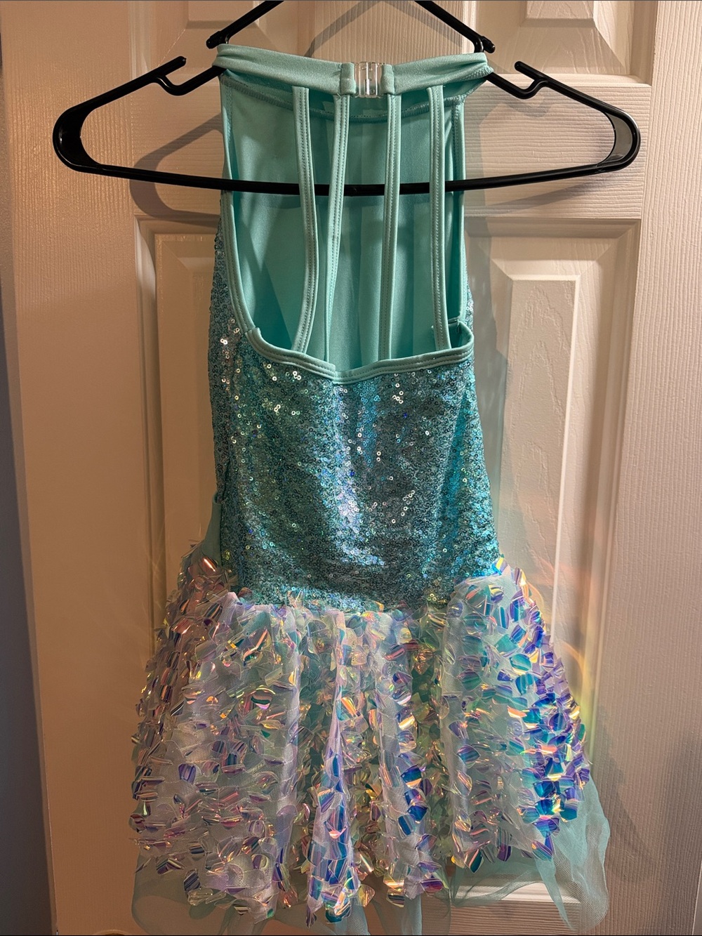 Girls' Aqua Sequin Dance Costume with Iridescent Skirt - Picture 2 of 4